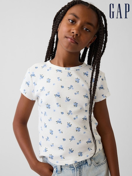 Vit/Blå Blommig  - Gap Rib Short Sleeve T-shirt (4-13yrs)