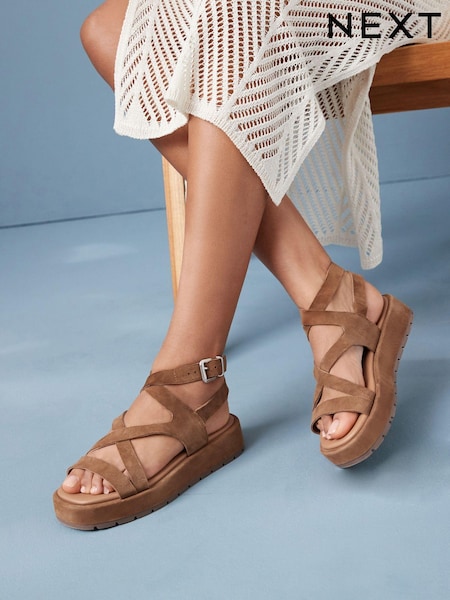 Tan Brown Forever Comfort® Leather Strappy Flatform Sandals (312611) | €19