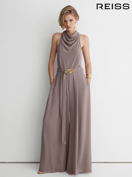 Pilkai ruda - Atelier Cowl-neck Belted Wide-leg Jumpsuit