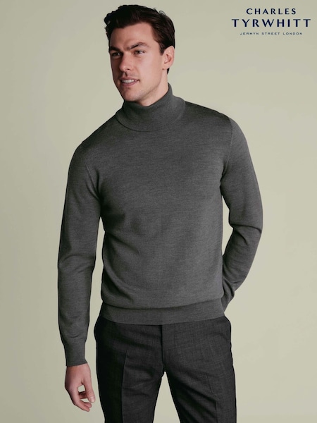 Grey - Regular Charles Tyrwhitt Pure Merino Roll Neck Jumper