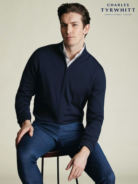 Blue - Regular Charles Tyrwhitt Pure Merino Full Zip Through Cardigan