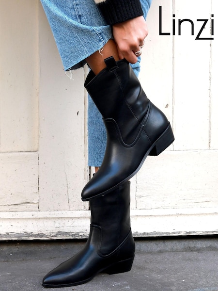 Linzi Black Jolene Low Block Heel Western Style Ankle Boots (313717) | €21.50