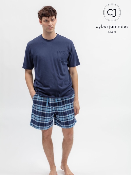 כחול  - Regular Cyberjammies Jersey Top & Lightly Brushed Check Shorts Set