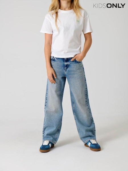 Plavo - Only Kids Ella Mid Waist Wide Leg Jeans With Adjustable Waist