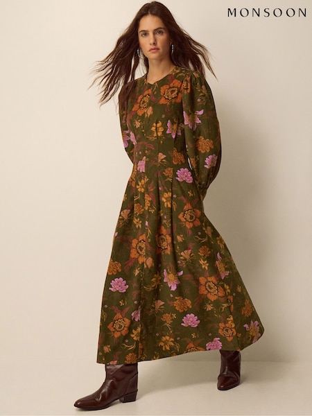 Green - Monsoon Princella Floral Corduroy Midi Dress