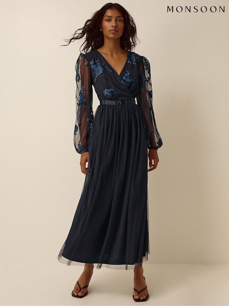 Blue - Monsoon Charlotte Floral Embroidered Mesh Midi Dress