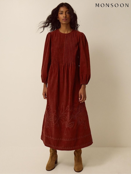 Braun - Monsoon Joyce Embroidered Corduroy Midi Dress
