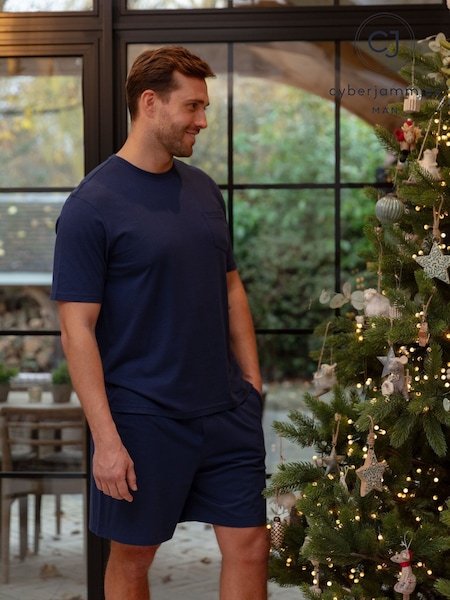 כחול כהה - Regular Cyberjammies Jersey Top & Lightly Brushed Check Shorts Set
