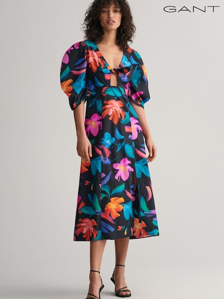 GANT Floral Print Volume Sleeve Black Midi Dress (314997) | €168