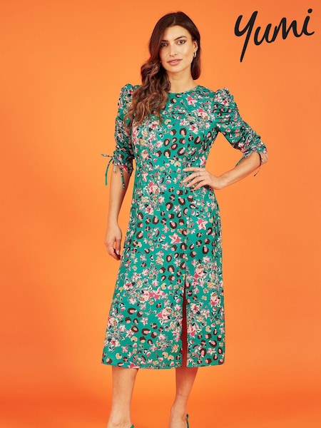 Yumi Green Animal Print Ruched Sleeve Midi Dress (315500) | €21