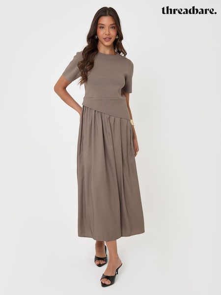 بني - Threadbare 2 In 1 Satin Knit Midaxi Dress