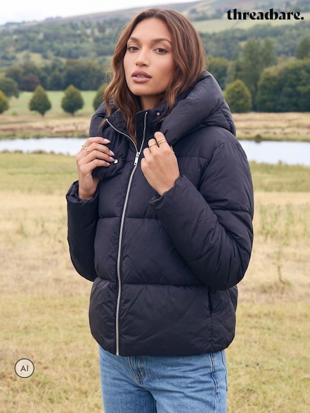 Black - Threadbare Showerproof Funnel Neck Puffer Coat