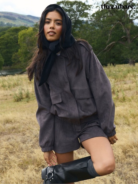 Grey - Threadbare Faux Suede Collared Bomber Jacket