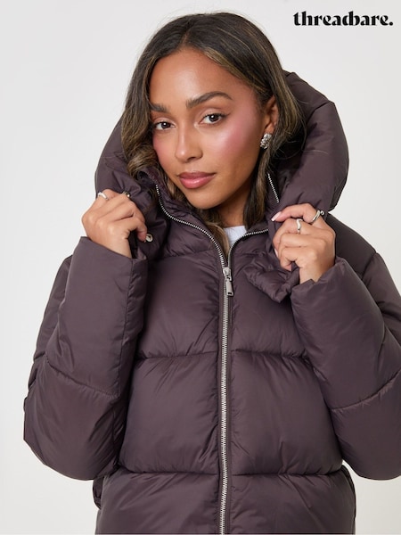 Brown - Threadbare Showerproof Funnel Neck Puffer Coat