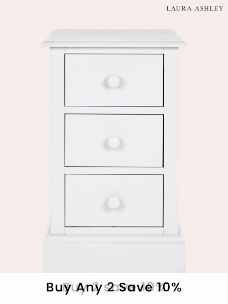 Laura Ashley Cotton White Ashwell 3 Drawer Bedside Table (316291) | €473