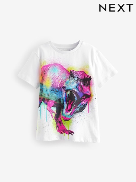 White Rainbow Dino 100% Cotton Short Sleeve Graphic T-Shirt (3-16yrs) (316604) | 31 QAR - 41 QAR