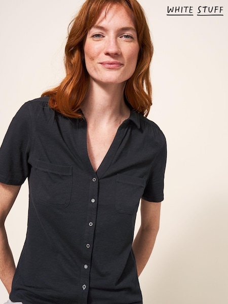 White Stuff Black Pocket Penny Jersey 100% Cotton Shirt (316633) | AED204