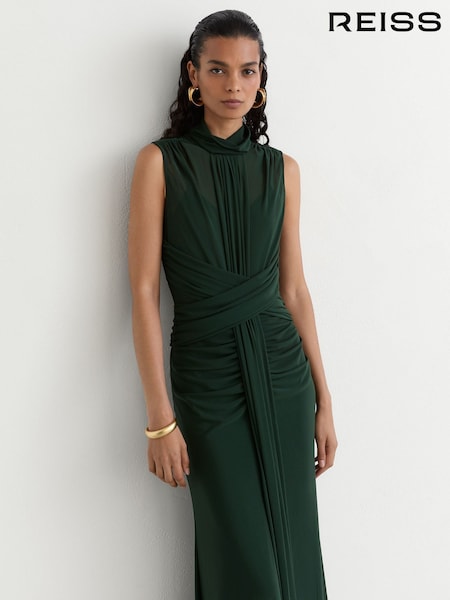 Green - Reiss Starla Sheer Ruched Sleeveless Maxi Dress