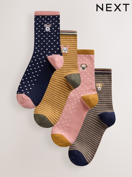 Novelty Dogs - Embroidered Motif Stripe Ankle Socks 4 Pack