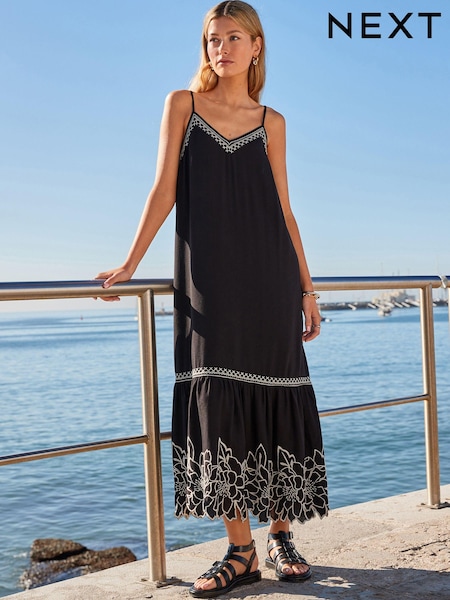 Black/Cream Embroidered Strappy Midaxi Summer Dress (317339) | AED19