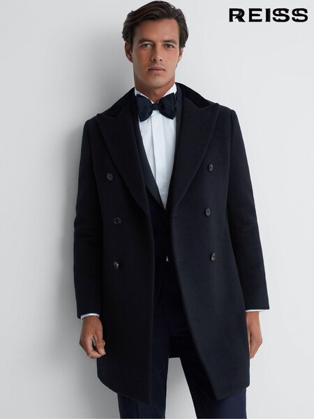 Reiss Navy Waffle Wool Double Breasted Velvet Coat (317378) | €505