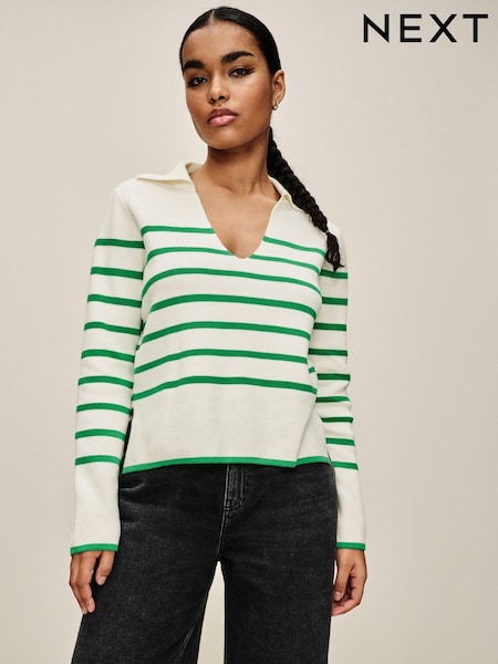 Ecru White Stripe Polo Collar Long Sleeve Jumper (317636) | €22.50