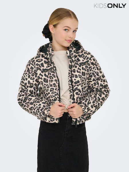 Marrón - Only Kids Hooded Zip Through Leopard Print Puffer Jacket