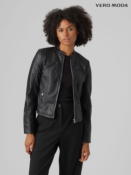 VERO MODA Black Collarless Faux Leather Biker Jacket (318476) | €25