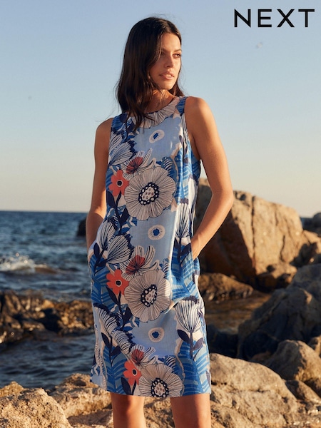 Blue Floral Linen Blend Sleeveless Shift Dress (320499) | €16