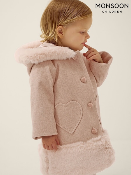 Brown - Monsoon Baby Faux Fur Heart Coat
