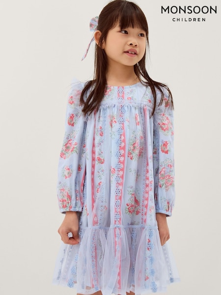 Albastru - Rochie cu mânecă lungă Monsoon Floral Broderie și elastic de păr