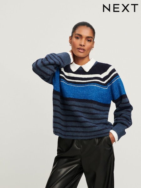 Navy Stripe Embellished Shirt Layered Jumper (320707) | €27