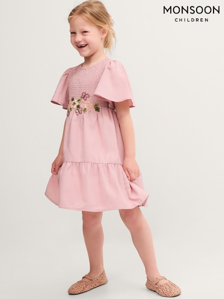 Pink - Monsoon Floral Embroidered Smocked Dress