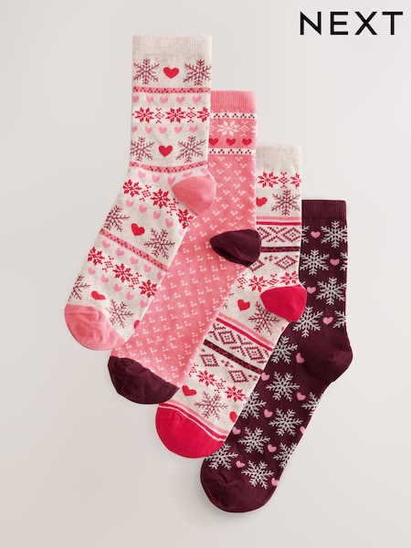 Berry Röd/ Rosa Fairisle-mönster - Jul Ankel Strumpor 4 Paket
