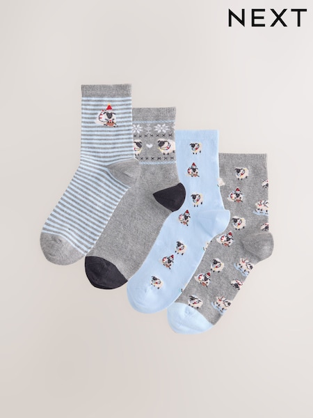 Blue/Grey Sheep - Christmas Ankle Socks 4 Pack