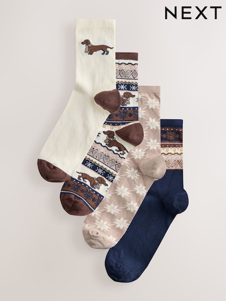 Cream/Navy - Fairisle Dog Ankle Socks 4 Pack