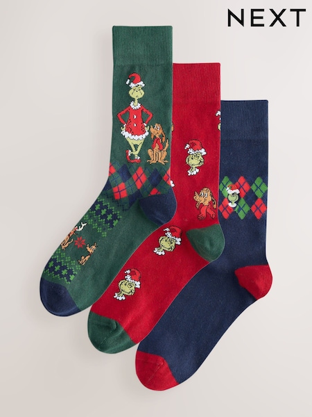Green/ Blue/ Red - Regular Ginch Christmas Socks 3 Pack