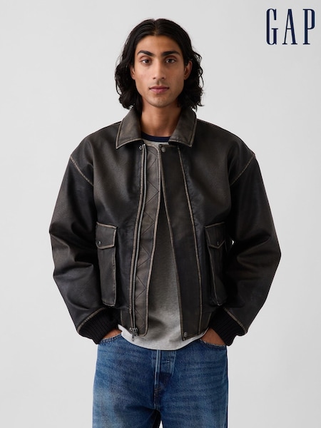 Distressed Black - Regular Gap Faux Leather Bomber Jacket