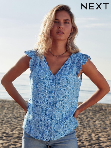 Blau - Linen Blend Ruffle Sleeve Top (322959) | 6 €
