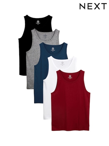Burgundy Red/Black/White/Navy/Grey Marl 100% Cotton Vests 5 Pack (324847) | €17