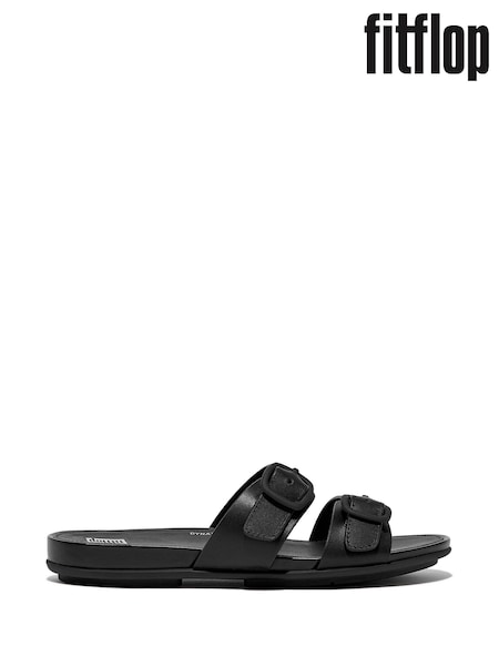 FitFlop Gracie Black Rubbre-Buckle Two-Bar Leather Slides (326028) | OMR24