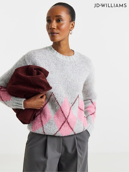 Harmaa - Jd Williams Argyle Hem Crew Neck Jumper