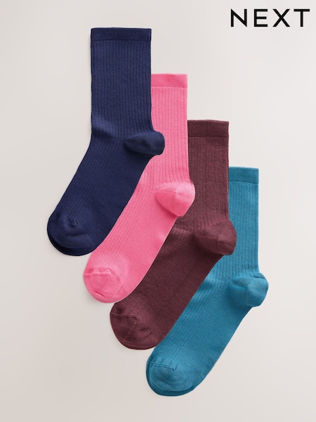 Pink/Navy Blue/Burgundy/Teal Green - Supersoft Ribbed Ankle Socks 4 Pack