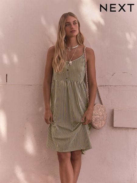 Khaki Green/White Button Down 100% Cotton Cami Summer Dress (327323) | kr319