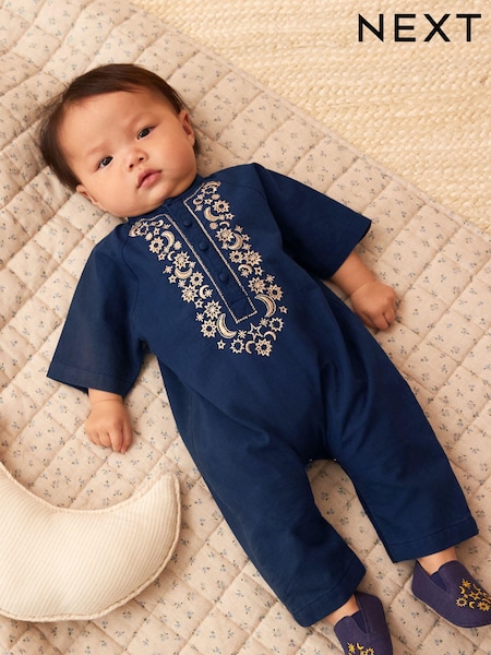 Navy Blue Occasion Linen Blend Baby Romper (0mths-2yrs) (327602) | €12.50 - €13