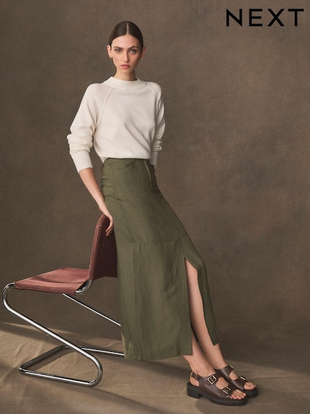 Khaki Green Linen Blend Midi Column Skirt (328094) | €11