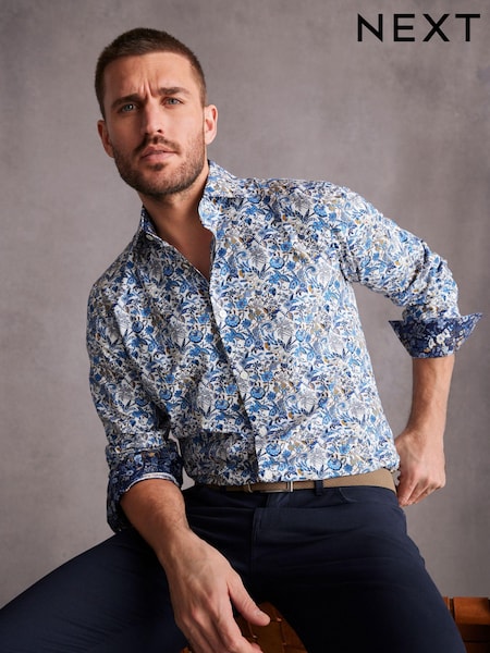 Alb/albastru cu model floral - Normală - Signature Made Cu Țesătură Italiană Imprimată Cămăși (328133) | 175 LEI