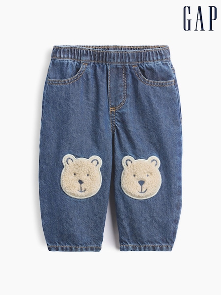 Mid Wash/ Sherpa - Gap Brannan Bear Patch Pull-on Jeans (0-24mths)