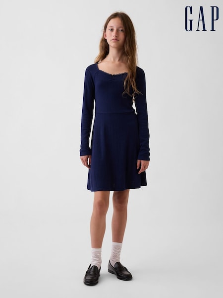 Navy - Gap Pointelle Rib Long Sleeve Dress (4-13yrs)