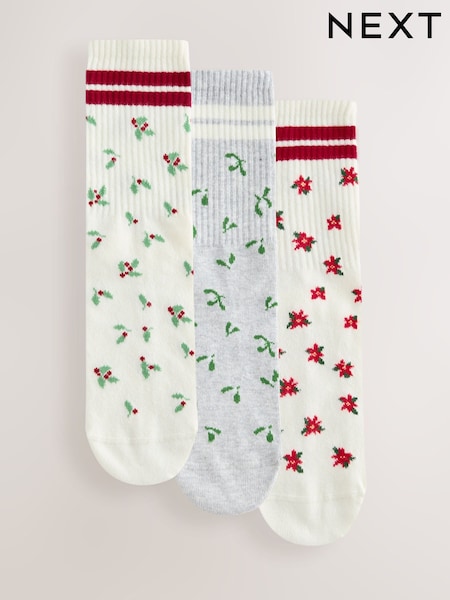 Stripe/Flowers - Novelty Christmas Ribbed Sports Socks 3 Pack